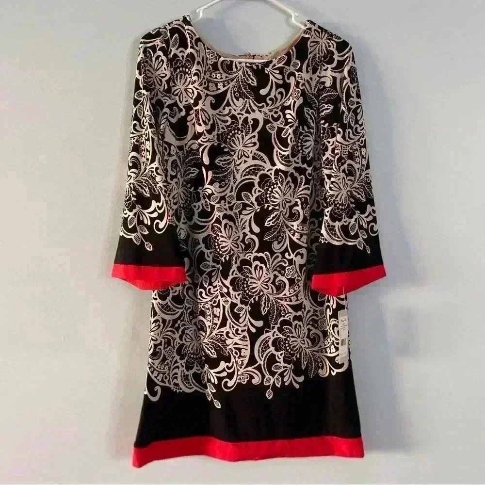 NWT Eliza J Colorblock Floral Shift Dress Mini Stretch 3/4 Sleeve Size 6